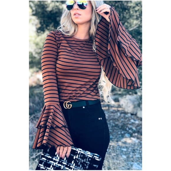 044 Boho Stripes Bell Sleeve Ruffle Top - Picture 9 of 9